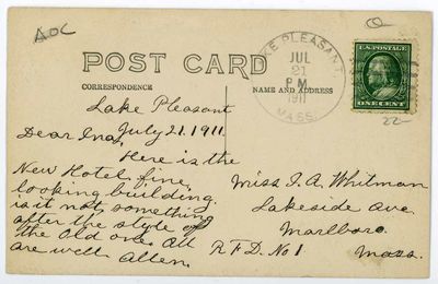 New Hotel, Lake Pleasant 1911 reverse