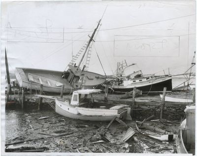 General view of Lees Wharf after Hurricane Carol (press photo)