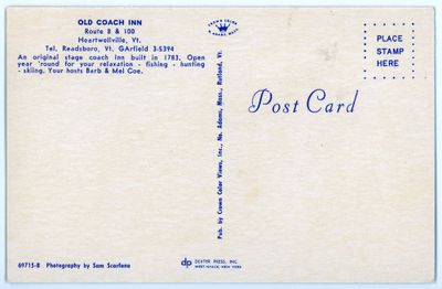 Old Coach Inn Route 8 & 100 Heartwellville, Vt. reverse