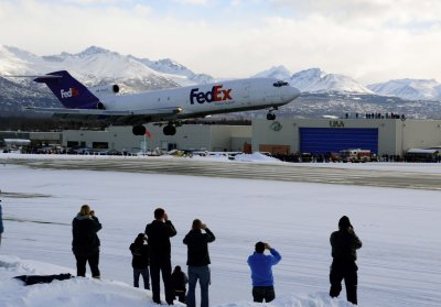 Landing of FedEx Boeing 727 at Merrill Field Alaska Feb 26,2013