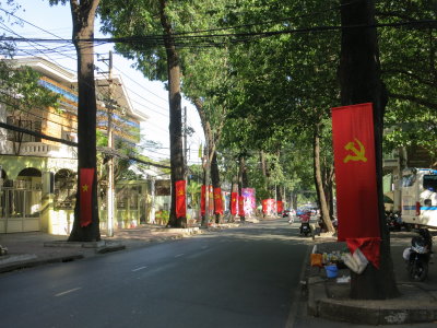 Street scene with Red flags