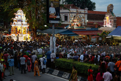 The Silver chariot bearing Lord Muruga arrives at the Sri Thandayuthapani Temple