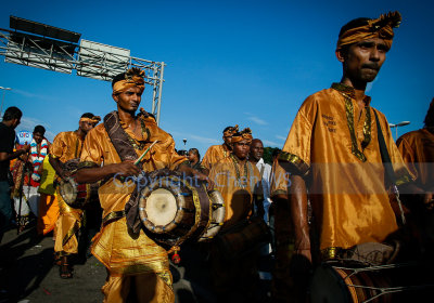 The urumi melam drums band accompany devotees on their walk