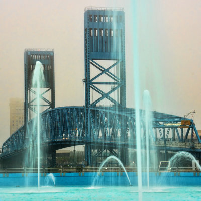 Main Street Bridge and Fountain in Fog