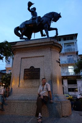 Jim with a statue of a man on a horse