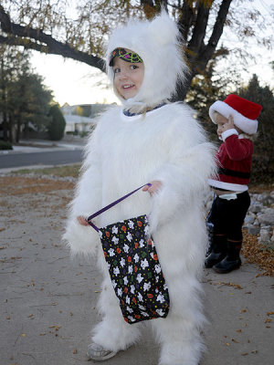 Kristina decides the polar bear suit will be most effective for candy gathering.