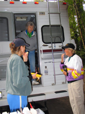 Nancy, Hildie, Kathy at camp in Gualala