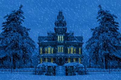 snowy twilight mansion 