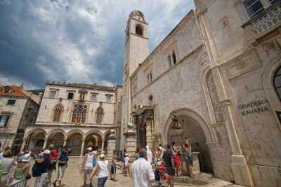 Dubrovnik, small Onofrio Fountain, Clock Tower and Sponza Palace