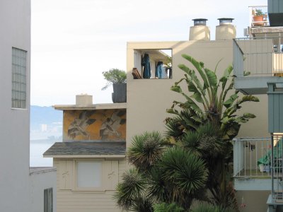 Bird mural and Bay views from Montgomery Street, Telegraph Hill