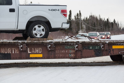 Vehicles wait for switching to clear Bay Road in Moosonee.