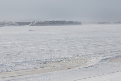 Looking up the Moose River, vehicle on winter road 2013 March 29th.