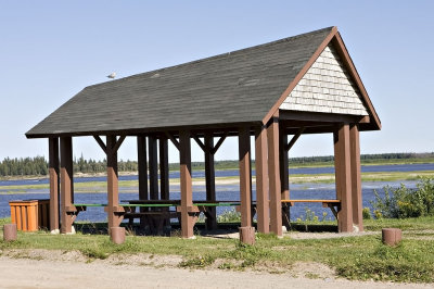 Shelter above docks with newly painted benches
