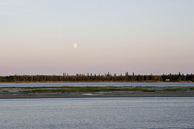Moon over Charles Island across sandbar