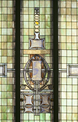 Front stained glass window from inside, detail