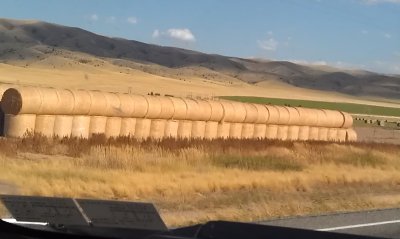 Row of hay bales with hills behind*