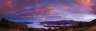 Panorama of Lyttelton Harbour at sunset from Port Hills, Canterbury, New Zealand