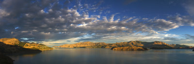 Panorama of Lyttelton Harbour, evening sunlight, Canterbury, New Zealand