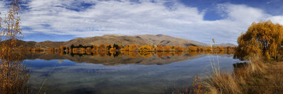 Panorama Lake Ruataniwha and autumn colours Mackenzie Country, Canterbury, New Zealand
