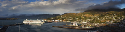 Panorama of cruise ship Crystal Symphony entering inner harbour, Lyttelton, New Zealand