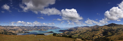 Panorama towards Akaroa Harbour from Summit Road, Banks Peninsular, Canterbury, New Zealand
