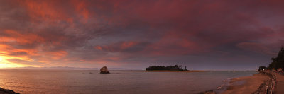 Panorama of sunset over Nelon Haven and Tasman Bay, Nelson, New Zealand