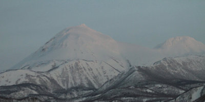 Mountains above Rausu town from the sea, Hokkaido, Japan