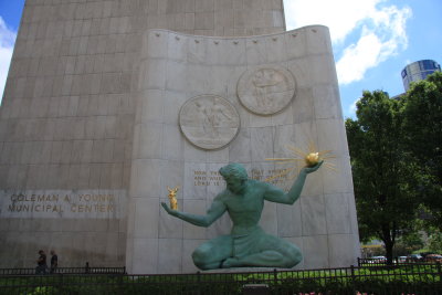 The Spirit of Detroit statue outside of the City - County Building in Downtown Detroit Michigan 1.JPG