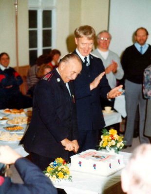 1990 (03) Burton Citadel Band Centenary - Bandsmen Terry Lyness cutting the Celebration Cake with Eddie Toon(Bandmaster)