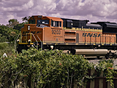 BNSF Engine 9203 rolls through Bellville, TX  with freight cars in tow. 