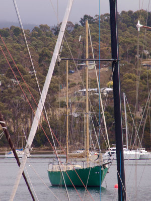 Green yacht with eyes