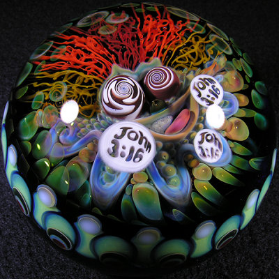 We had the RR disc for the auction and Mike agreed to make the marble. Once I won, he made this special John 3:16 Eater marble!