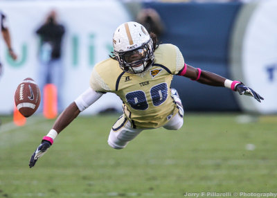 Jackets WR Anthony Autry flies through the air in an attempt to catch an overthrown ball