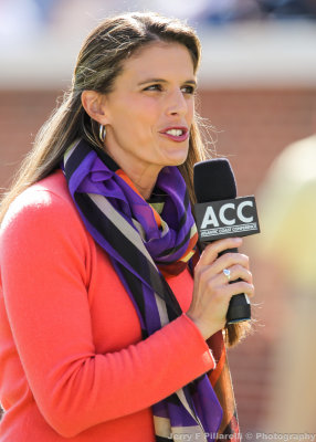 ACC Network Sidelines Reporter Jenn Hildreth files a report during the game