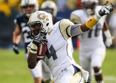 …Georgia Tech DB Golden along the sideline during a second quarter kickoff return…
