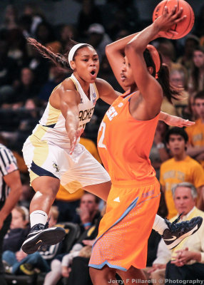 Georgia Tech G Sharena Taylor defends against the Tennessee inbounds pass