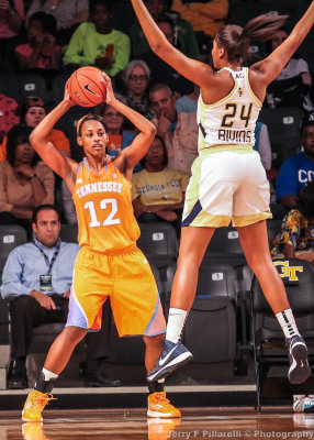 Tennessee F Bashaara Graves looks to inbound the ball over a leaping Georgia Tech C Shayla Bivins