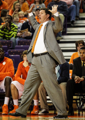 Clemson Tigers Head Coach Brad Brownell instructs his team to get their hands up on defense