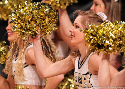 Georgia Tech Cheerleader performs along the baseline during the game