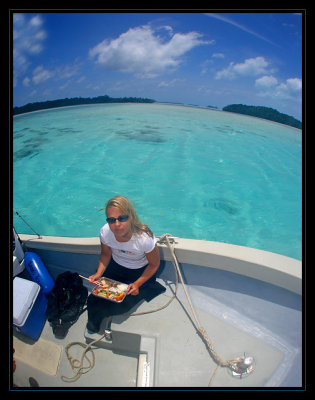 Susie enjoying lunch between dives in Palau