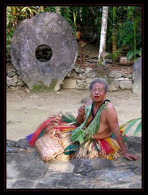 Yapese woman with stained red mouth from chewing betel nut