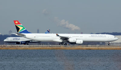 South African A-340-600 commencing takeoff on JFK Runway 4L