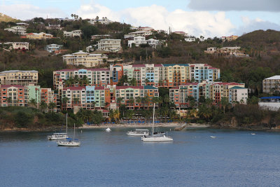 Colorful Frenchman's Bay, seen from sailaway.  A water taxi goes to the Marriott from Charlotte Amalie. [Go to next album now!]