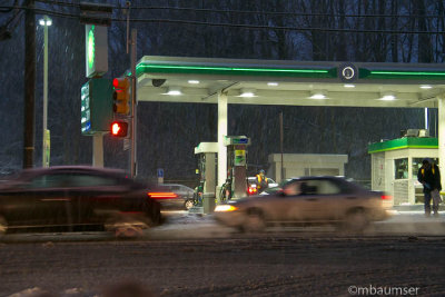 Busy Street Corner In The Snow