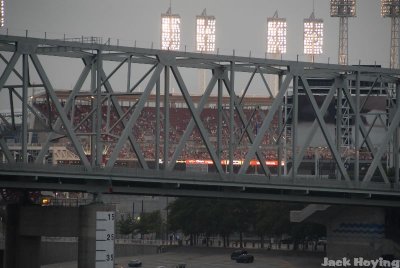 Fans at the ballpark, through one of the many Cincinnati bridges