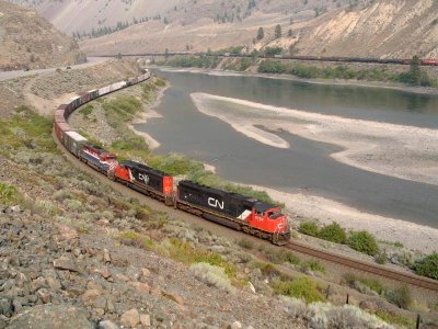 CN westbound east of Spences Bridge, BC along the Thompson River. 9-3-06