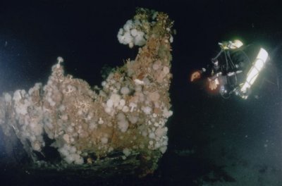 Al examines the remains of the bow of the Deliverance.  Note that some planking still remains visible near the sandy bottom.