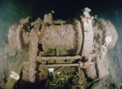 The anchor windlass on the wreck still remains on the foredeck which has now collapsed.
