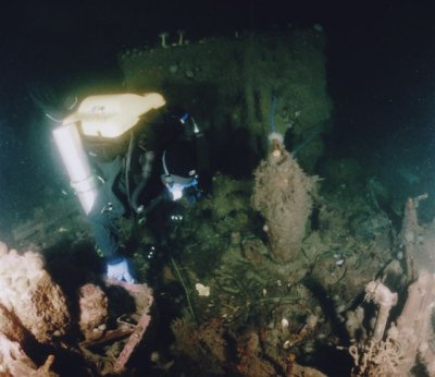 Paul Grantham examines the debris in the remains of the Engine Room.