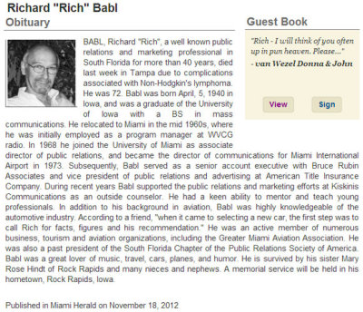 Obituary from the Miami Herald for Rich Babl